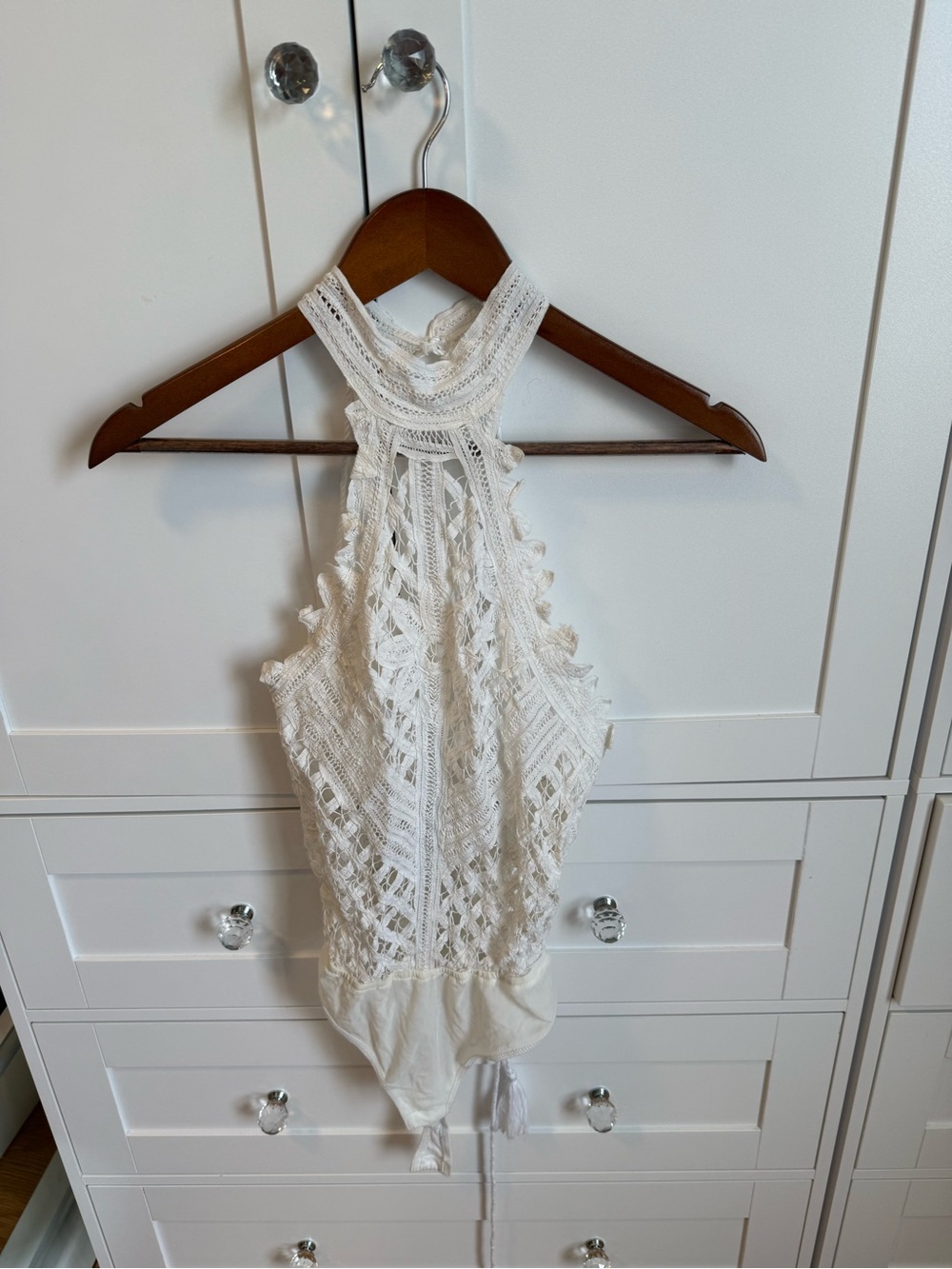 NWOT Free People White Crochet High-Neck Bodysuit